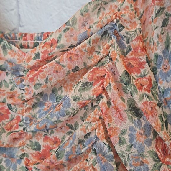 American Eagle Girly Boho Chic Chiffon Blouse Peach Floral Ruched Peplum Top S - Picture 5 of 13